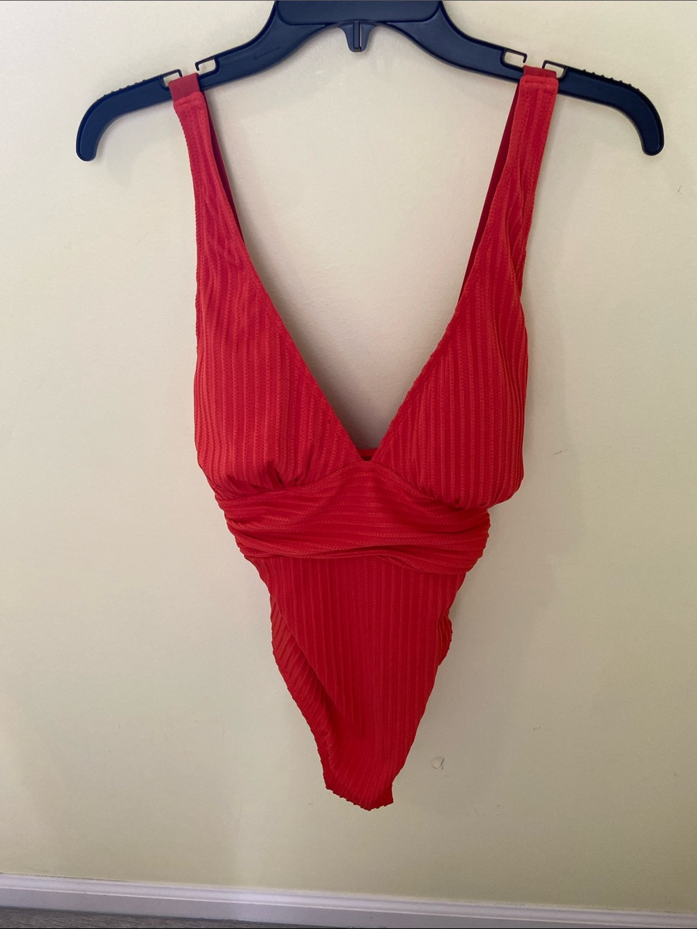 Red Orange Ribbed V-Neck One Piece Swimsuit